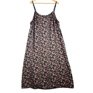 VTG More Jazz Maxi Ditsy Dress Women 20W Black Floral Spaghetti Strap Rayon USA